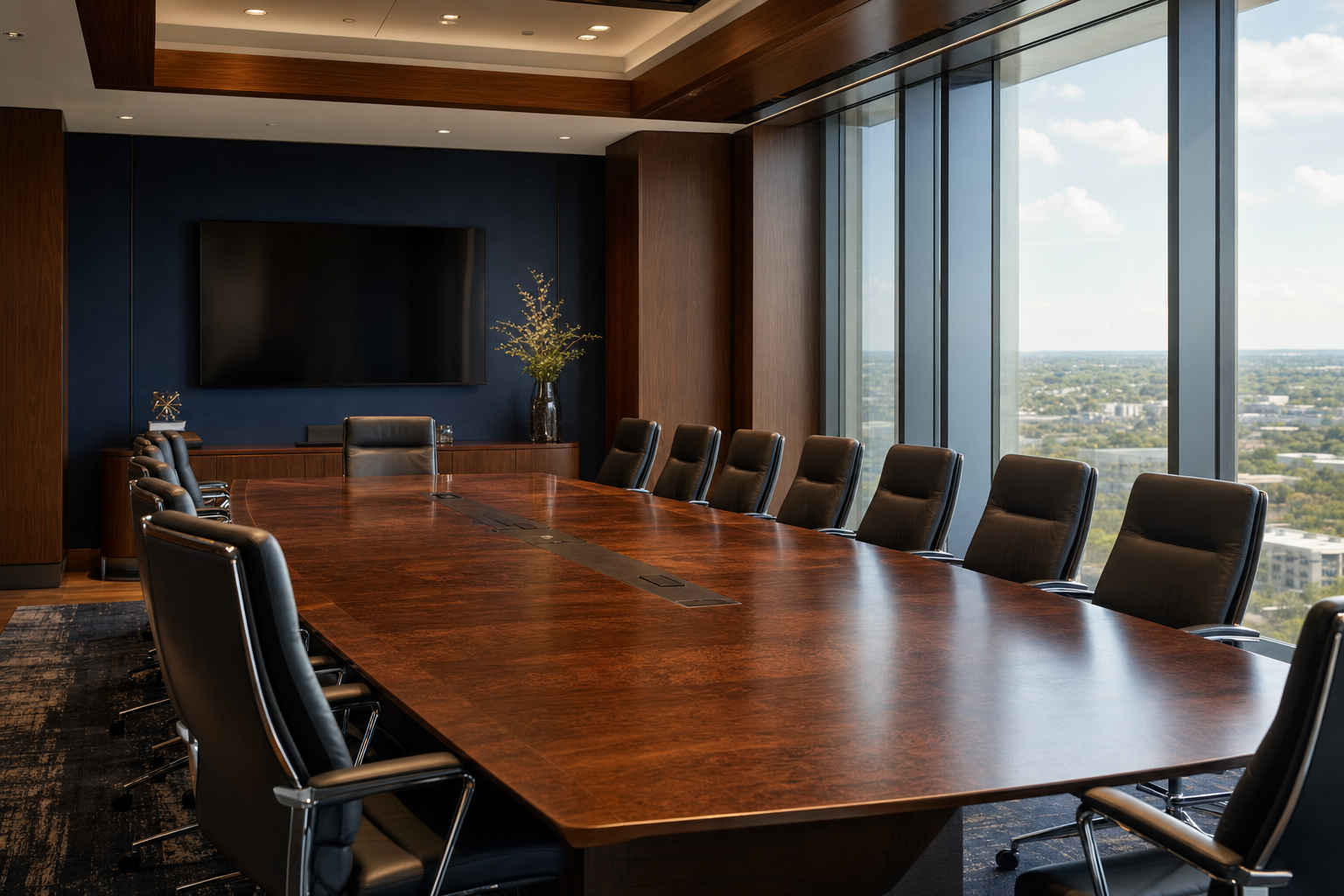 Executive boardroom with polished wooden table and leather chairs