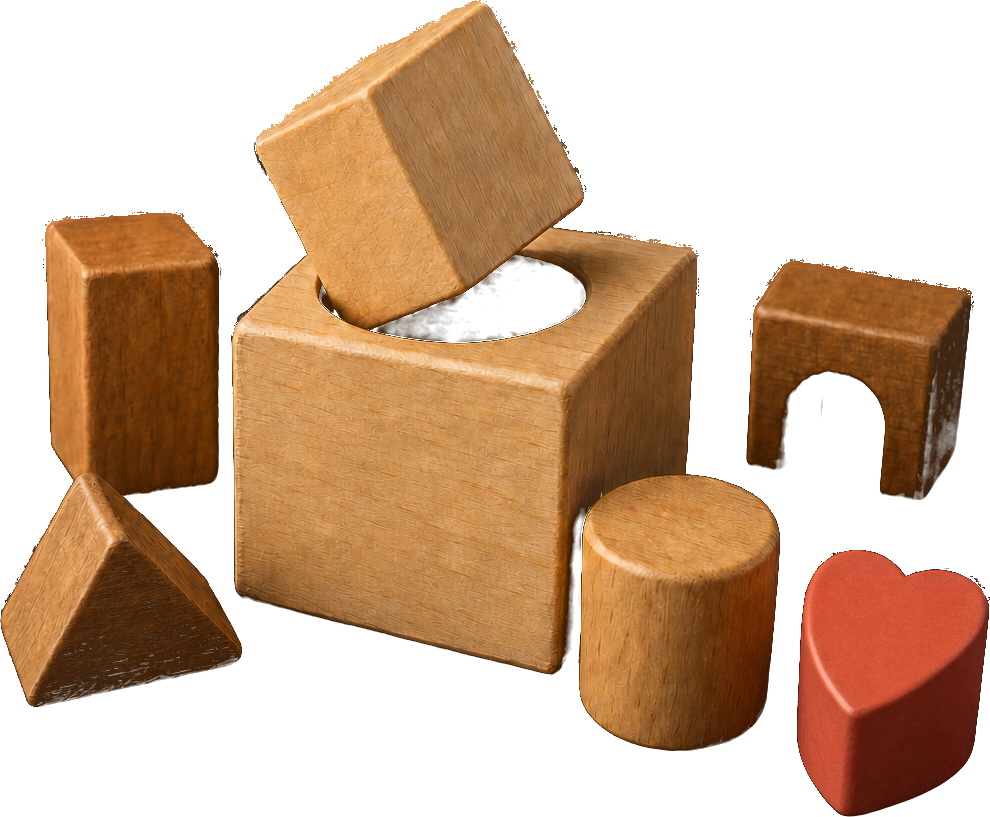 Wooden children's building blocks: a square block resting at an angle over a round hole it can't fit, beside a round block that would